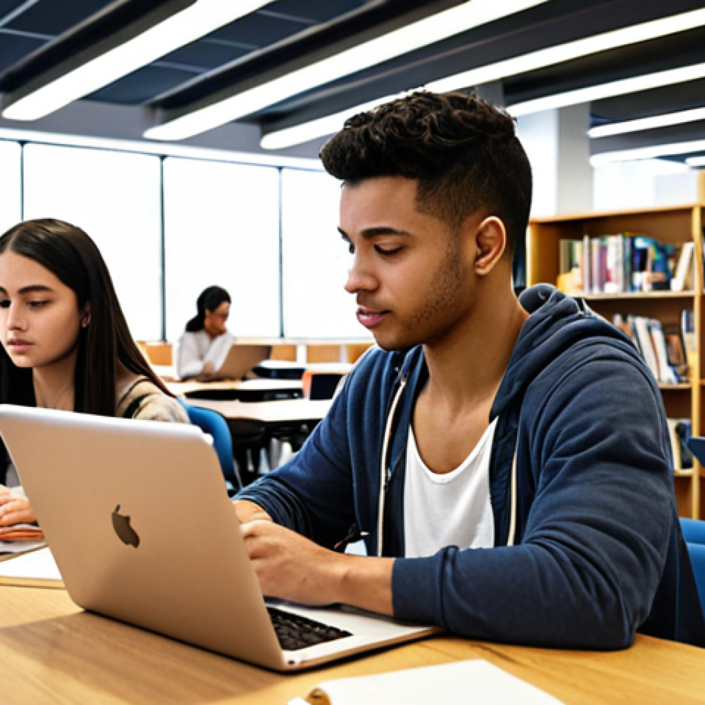 **

A diverse group of young adults are studying together in a modern library. Some are using laptops and tablets, while others are discussing topics from books and notes. The atmosphere is collaborative and focused, with a sense of ambition. Include visual cues representing technology, updated textbooks, and the importance of mental well-being (e.g., a yoga pose subtly in the background). The overall tone should be bright and encouraging.

**