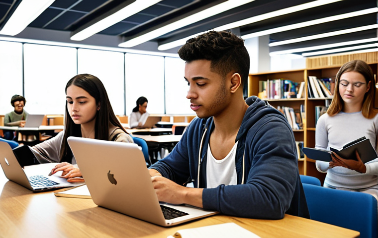 **

A diverse group of young adults are studying together in a modern library. Some are using laptops and tablets, while others are discussing topics from books and notes. The atmosphere is collaborative and focused, with a sense of ambition. Include visual cues representing technology, updated textbooks, and the importance of mental well-being (e.g., a yoga pose subtly in the background). The overall tone should be bright and encouraging.

**