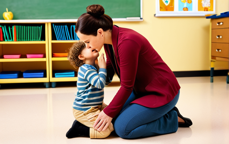 **Prompt:** A compassionate early childhood teacher attentively listening to a young child, kneeling to their level, demonstrating empathy and understanding. Soft, warm lighting, colorful classroom background. Focus on genuine connection and emotional support.