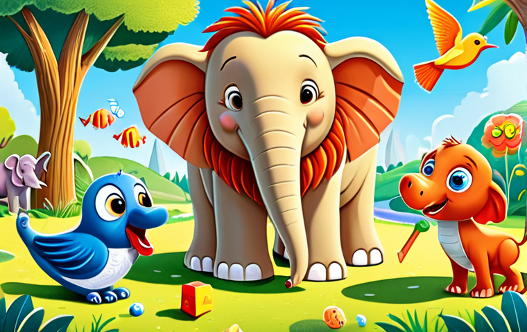 **

A colorful and engaging illustration of various animals (lion, elephant, bird, fish) interacting with children in a bright, sunny park setting. The animals are friendly and approachable, and the children are laughing and learning. Emphasize vibrant colors and a playful, educational atmosphere, including elements like alphabet blocks and counting tools subtly incorporated into the scene. Style: Cartoon illustration.

**
