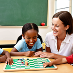 ** A diverse group of young children actively engaged in a fun, educational game with a smiling teacher. Keywords: "Children playing", "Educational game", "Smiling teacher", "Active learning", "Classroom setting".

**