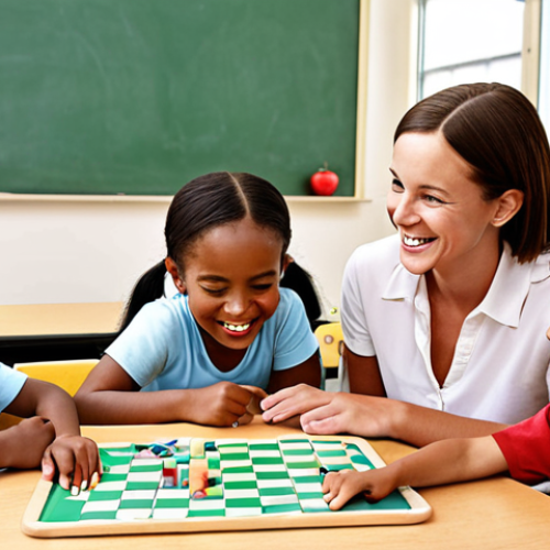 Home 25 ** A diverse group of young children actively engaged in a fun, educational game with a smiling teacher. Keywords: "Children playing", "Educational game", "Smiling teacher", "Active learning", "Classroom setting".
**
