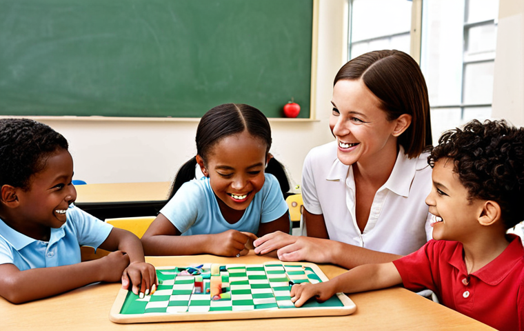 ** A diverse group of young children actively engaged in a fun, educational game with a smiling teacher. Keywords: "Children playing", "Educational game", "Smiling teacher", "Active learning", "Classroom setting".

**