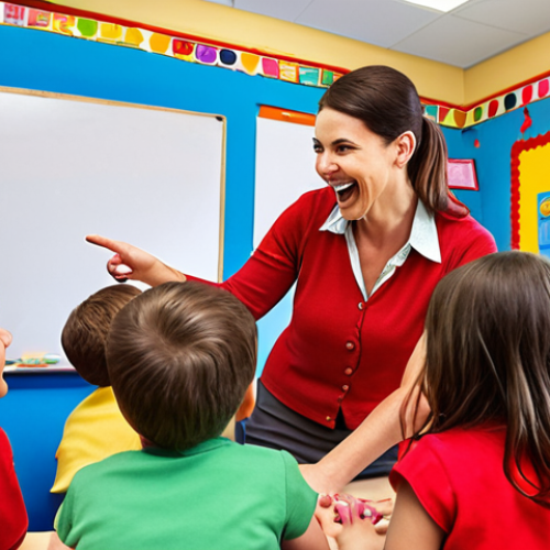 Home 24 **
A cheerful UKG teacher interacting with young children in a colorful classroom setting. The children are engaged in playful learning activities, showing joy and curiosity. The teacher is using simple language and gestures to communicate effectively.
**