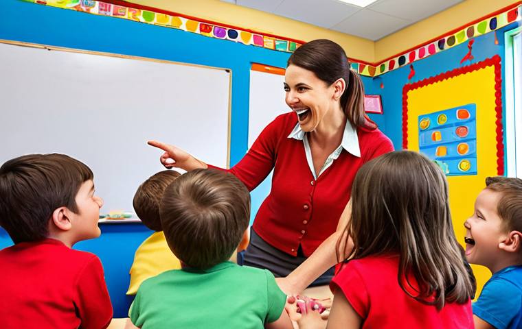 **

A cheerful UKG teacher interacting with young children in a colorful classroom setting. The children are engaged in playful learning activities, showing joy and curiosity. The teacher is using simple language and gestures to communicate effectively.

**