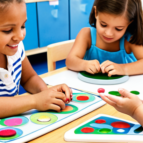 Home 23 **
A bright and cheerful classroom scene with young children engaged in hands-on learning activities following the Montessori method. The children are independently exploring different materials, with a teacher gently guiding their learning. Focus on a sense of self-directed exploration and practical life skills.
**