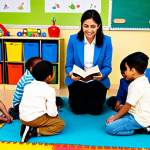 A professional female early childhood education intern, fully clothed in modest, professional attire, is actively engaging with a diverse group of young children in a vibrant, sunlit play-based learning classroom. She is kneeling at eye-level, attentively reading a storybook to the children, who are gathered around her on a colorful rug. Educational toys and learning materials are neatly arranged in the background, emphasizing a nurturing environment. Perfect anatomy, correct proportions, natural pose, well-formed hands, proper finger count, natural body proportions. Safe for work, appropriate content, fully clothed, family-friendly, professional photography, high quality, realistic lighting.