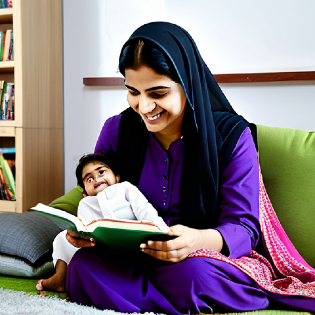 **

A mother reading a story to her child, sitting comfortably in a brightly lit living room with bookshelves in the background. The mother is wearing a modest salwar kameez, and the child is in casual, appropriate attire. Both are smiling and engaged. Safe for work, appropriate content, fully clothed, family-friendly, perfect anatomy, correct proportions, natural pose, professional illustration, high quality.

**