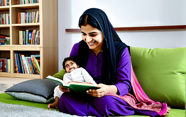 **

A mother reading a story to her child, sitting comfortably in a brightly lit living room with bookshelves in the background. The mother is wearing a modest salwar kameez, and the child is in casual, appropriate attire. Both are smiling and engaged. Safe for work, appropriate content, fully clothed, family-friendly, perfect anatomy, correct proportions, natural pose, professional illustration, high quality.

**