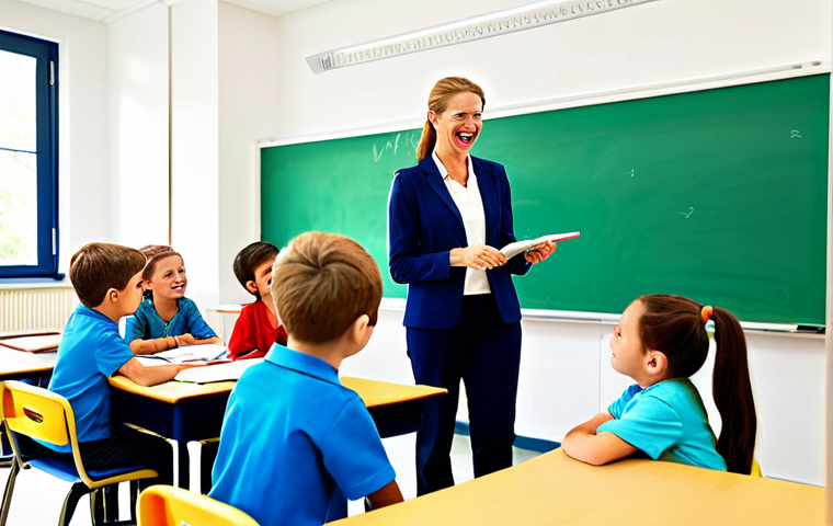 유아교육지도사로서 팀워크 향상 방법 - **Teacher Collaboration:** "Professional teachers in a bright classroom, sharing ideas and resources...