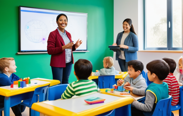 유아교육지도사 직업 만족도를 높이는 방법 - **Prompt:** A compassionate female early childhood education teacher, wearing a comfortable yet mode...