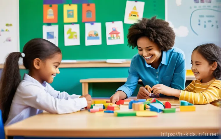 유아교육지도사 직무 기술서 작성법 - **Prompt:** A diverse group of 5-7 energetic children, aged 6-8, are happily engaged in a creative l...