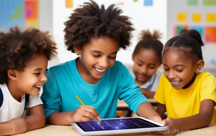 유아교육지도사 업무에서의 기술 활용 사례 - **Prompt 1: "A group of diverse, happy children, aged 5-10, are enthusiastically engaged in a vibran...