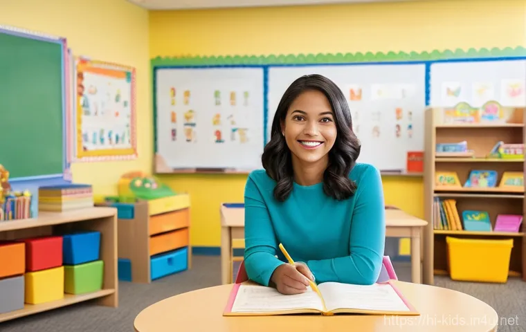 유아교육지도사 자격증 취득 후 연봉 협상 사례 - **Prompt:** "A thoughtful and serene female early childhood educator, in her early 30s, stands in a ...