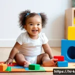 유아교육지도사 실무 사례 분석 보고서 작성법 - **A toddler playing with building blocks:** A cheerful toddler wearing a bright-colored diaper is si...