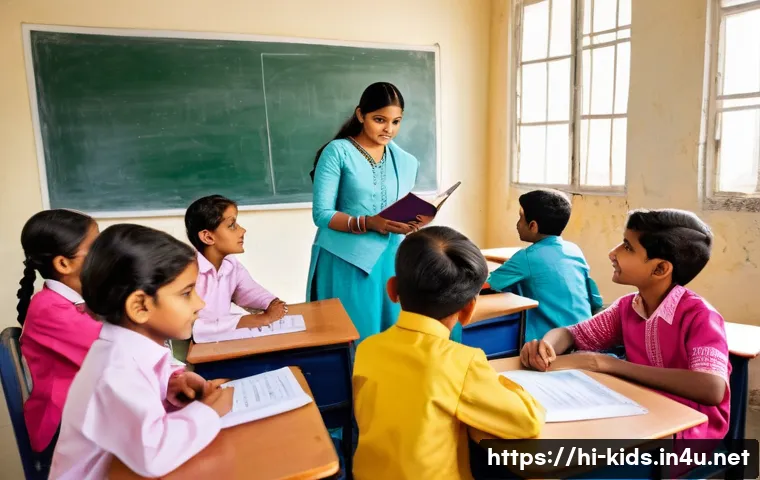 유아교육지도사 강의 중 활용할 수 있는 퀴즈 - A vibrant classroom scene featuring a diverse group of young Indian children aged 7-10 actively part...