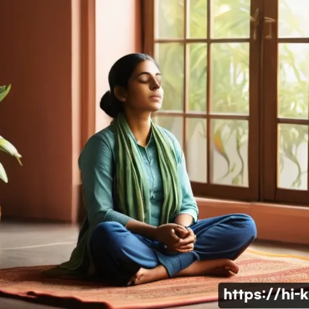 유아교육지도사로서의 멘탈 관리 방법 - A serene indoor scene showing a young Hindi-speaking educator practicing the 4-7-8 breathing techniq...