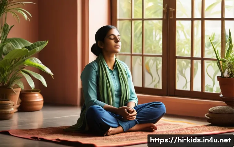 유아교육지도사로서의 멘탈 관리 방법 - A serene indoor scene showing a young Hindi-speaking educator practicing the 4-7-8 breathing techniq...