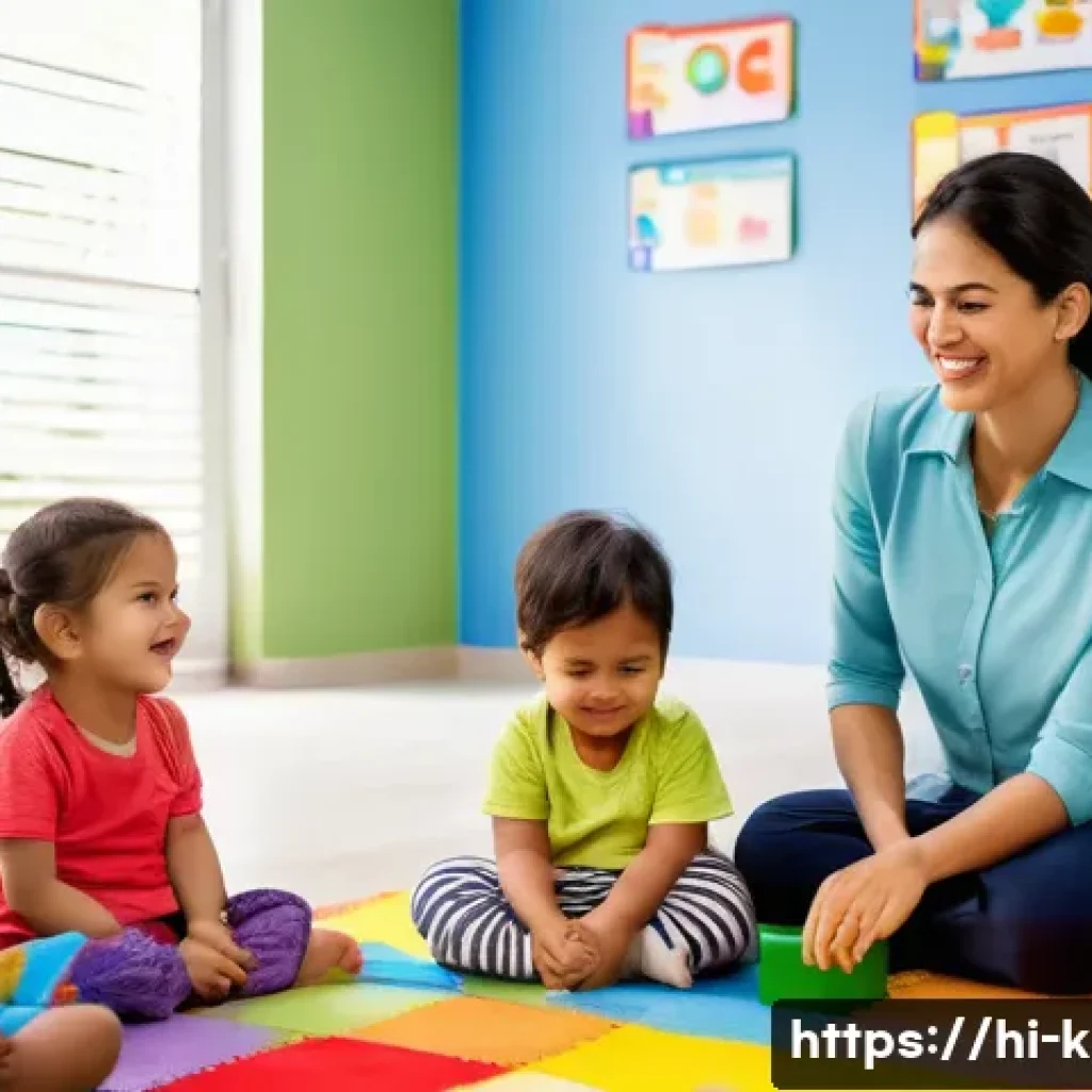 유아교육지도사 강의 준비를 위한 필수 항목 정리 - A warm and nurturing preschool classroom scene where a female teacher with a patient and positive de...