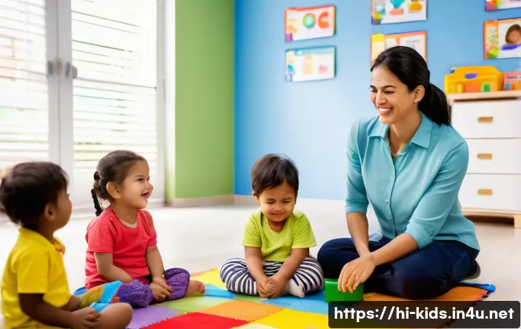 유아교육지도사 강의 준비를 위한 필수 항목 정리 - A warm and nurturing preschool classroom scene where a female teacher with a patient and positive de...