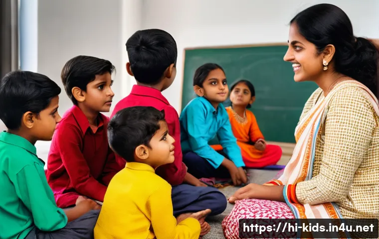 유아교육지도사 실무에서 발생하는 문제점 - A warm and nurturing classroom scene featuring a diverse group of young Indian children wearing colo...
