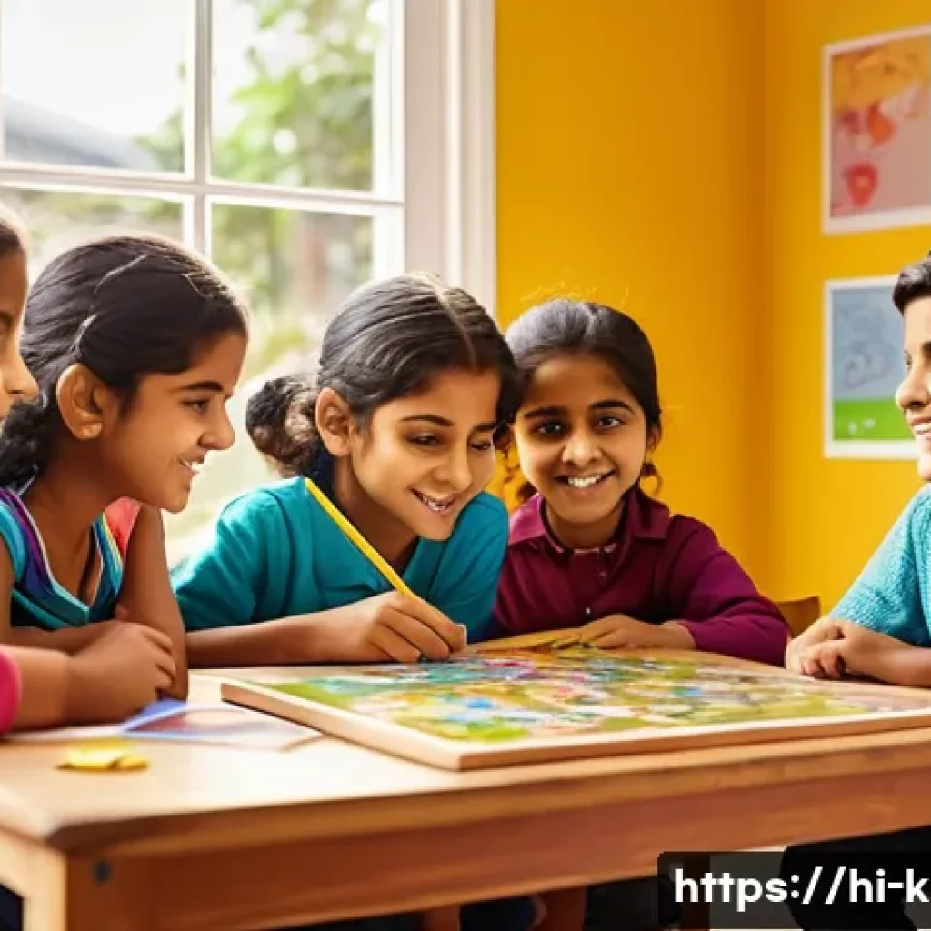유아교육지도사 교육 커리큘럼 설계 팁 - A vibrant classroom scene featuring young Indian children aged around 6-8 years, wearing colorful ca...