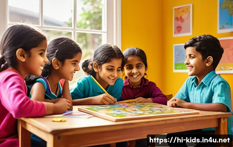 유아교육지도사 교육 커리큘럼 설계 팁 - A vibrant classroom scene featuring young Indian children aged around 6-8 years, wearing colorful ca...