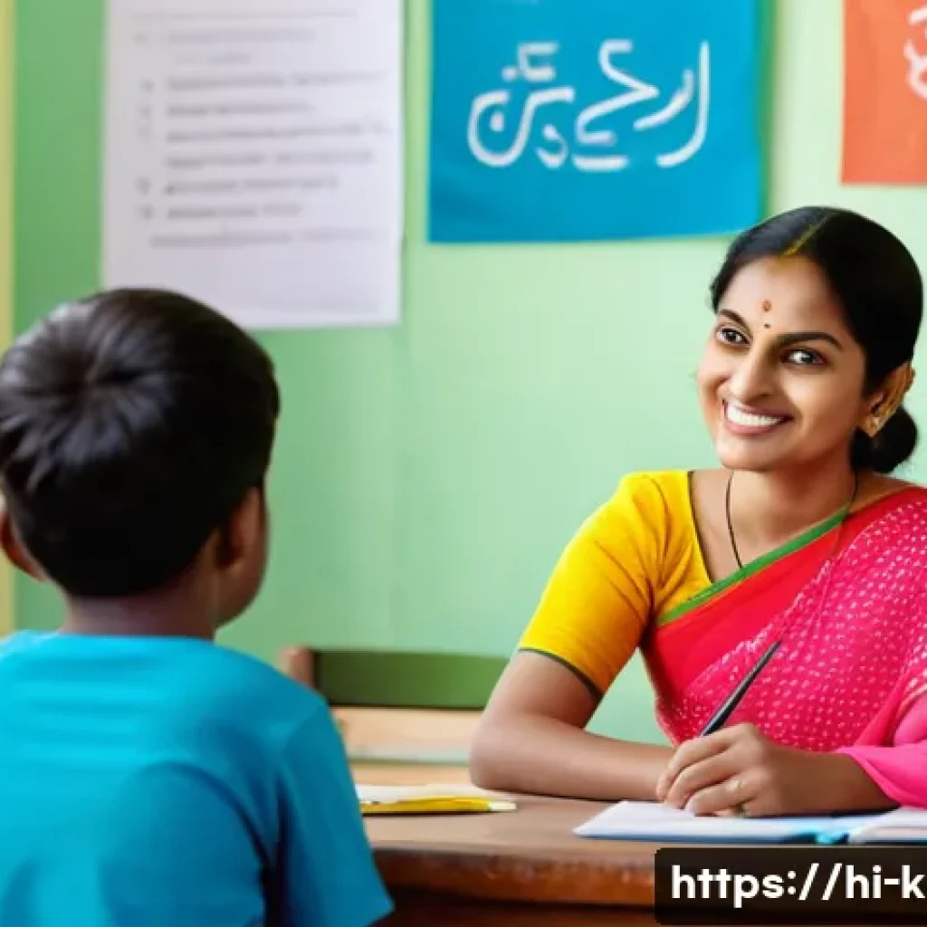 유아교육지도사로서의 근무 만족도 높이는 팁 - A warm and inviting classroom scene featuring a female Hindi-speaking teacher attentively listening ...