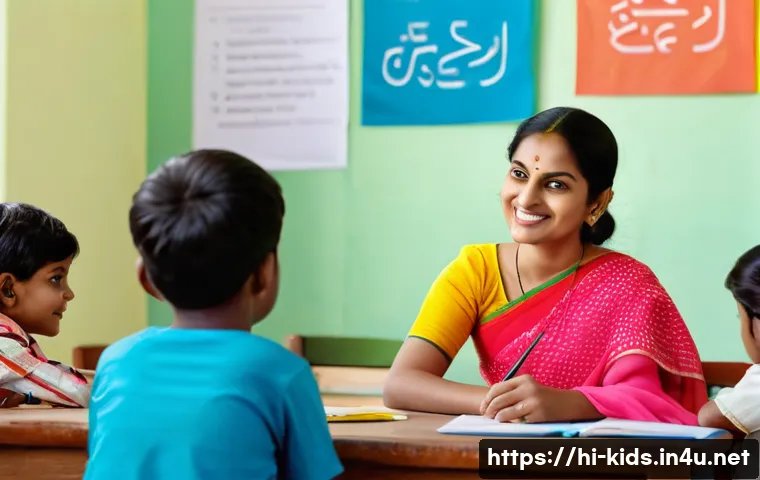 유아교육지도사로서의 근무 만족도 높이는 팁 - A warm and inviting classroom scene featuring a female Hindi-speaking teacher attentively listening ...