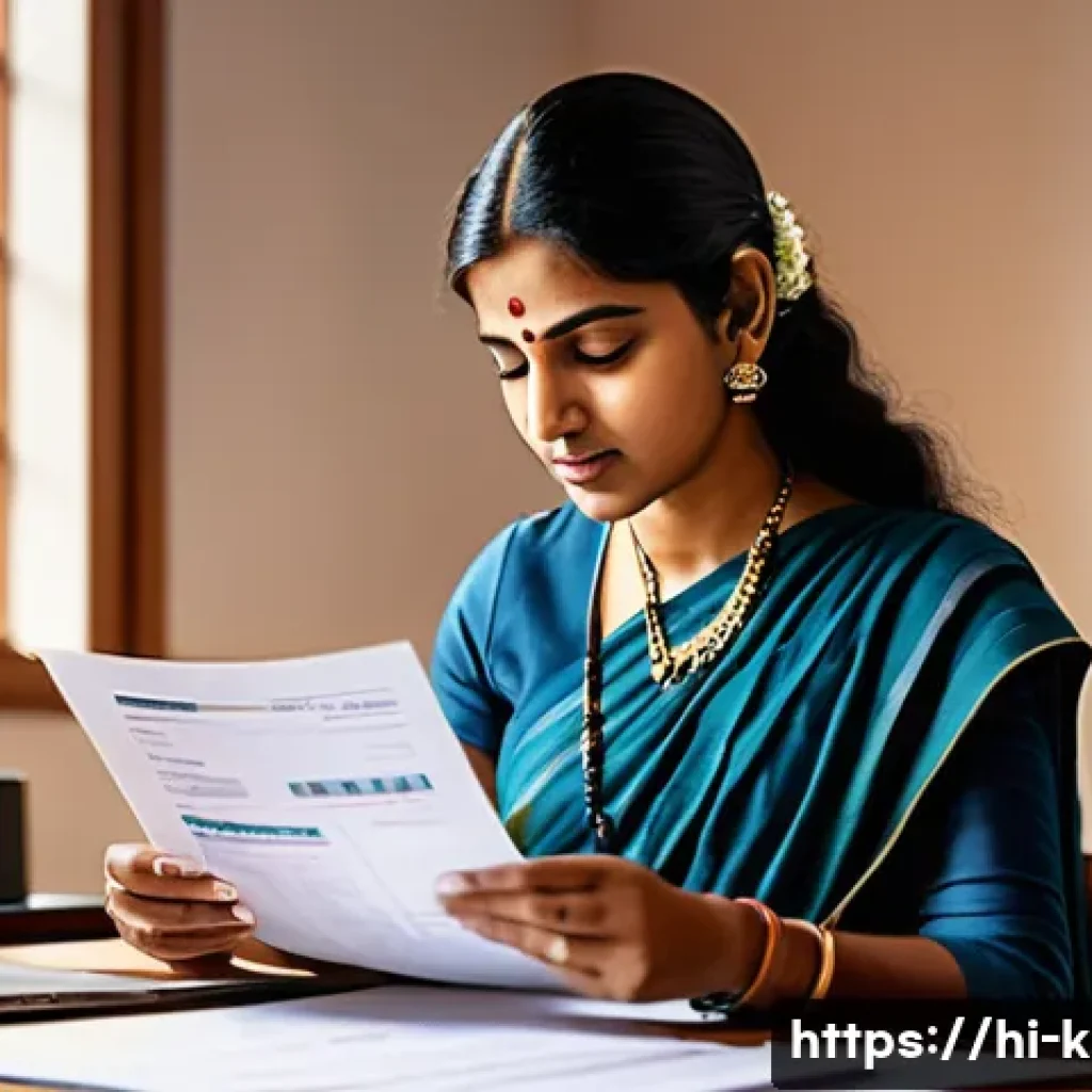 유아교육지도사 자격증 갱신 절차 - A detailed office scene depicting an Indian professional woman carefully reviewing important renewal...