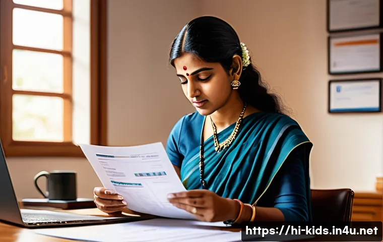 유아교육지도사 자격증 갱신 절차 - A detailed office scene depicting an Indian professional woman carefully reviewing important renewal...