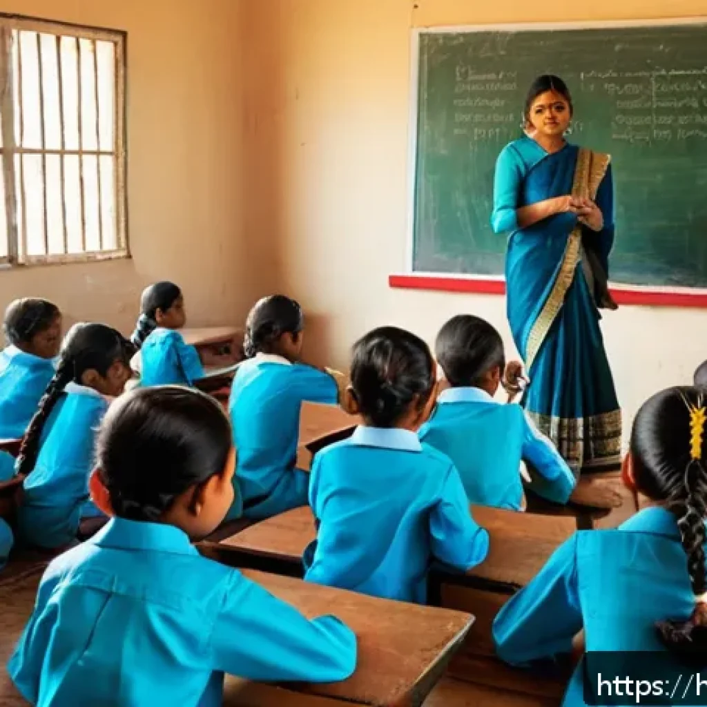 유아교육지도사 근무 환경 비교 - A vibrant traditional Indian classroom scene in a government school setting, featuring a female Hind...