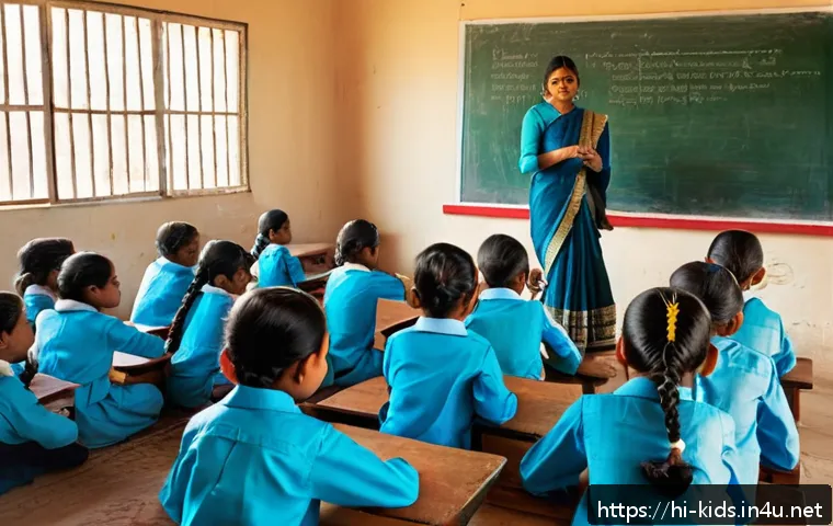 유아교육지도사 근무 환경 비교 - A vibrant traditional Indian classroom scene in a government school setting, featuring a female Hind...