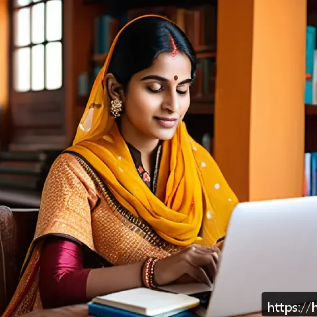 유아교육지도사 교육비 절약 팁 - A vibrant scene of an Indian adult woman sitting comfortably at a wooden desk in a cozy home study r...