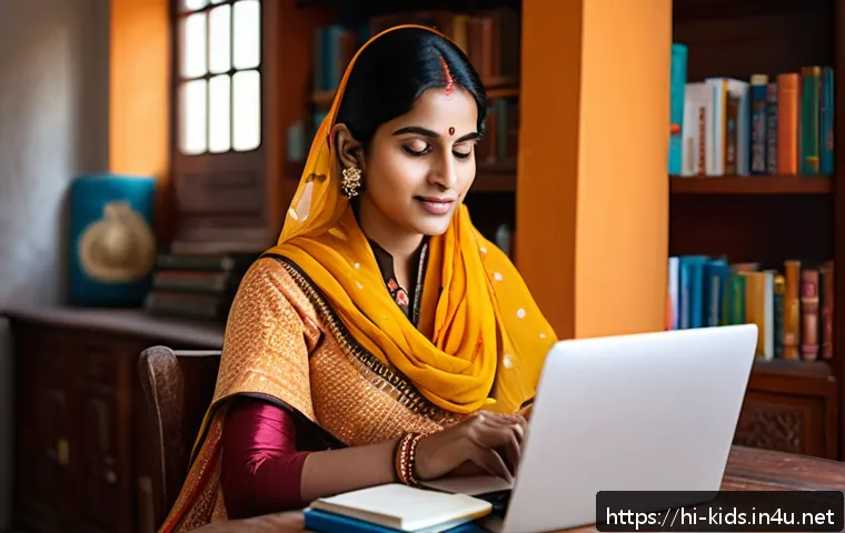 유아교육지도사 교육비 절약 팁 - A vibrant scene of an Indian adult woman sitting comfortably at a wooden desk in a cozy home study r...