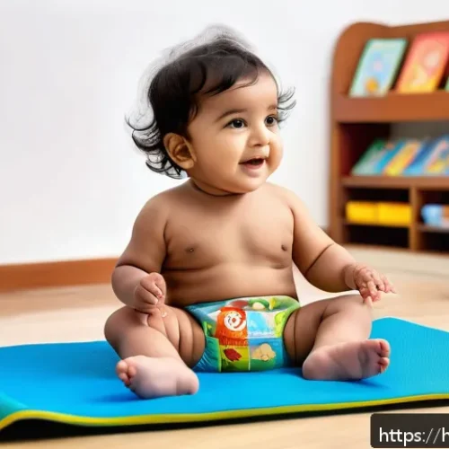 유아교육지도사 주간 업무 플래너 작성법 - A heartwarming scene of an Indian toddler wearing a colorful diaper, sitting on a soft play mat surr...