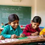 유아교육지도사 강의 중 활용할 수 있는 교육 기법 - A vibrant classroom scene showing young Indian children actively engaged in a math card game. The ch...