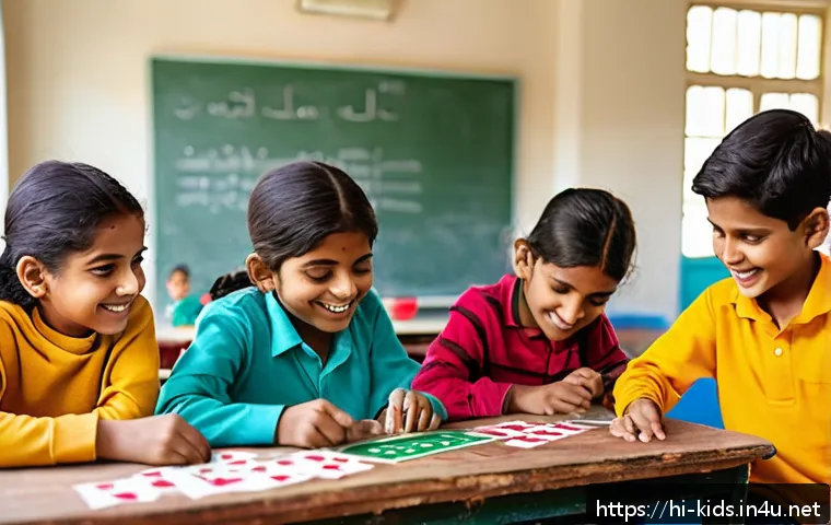 유아교육지도사 강의 중 활용할 수 있는 교육 기법 - A vibrant classroom scene showing young Indian children actively engaged in a math card game. The ch...