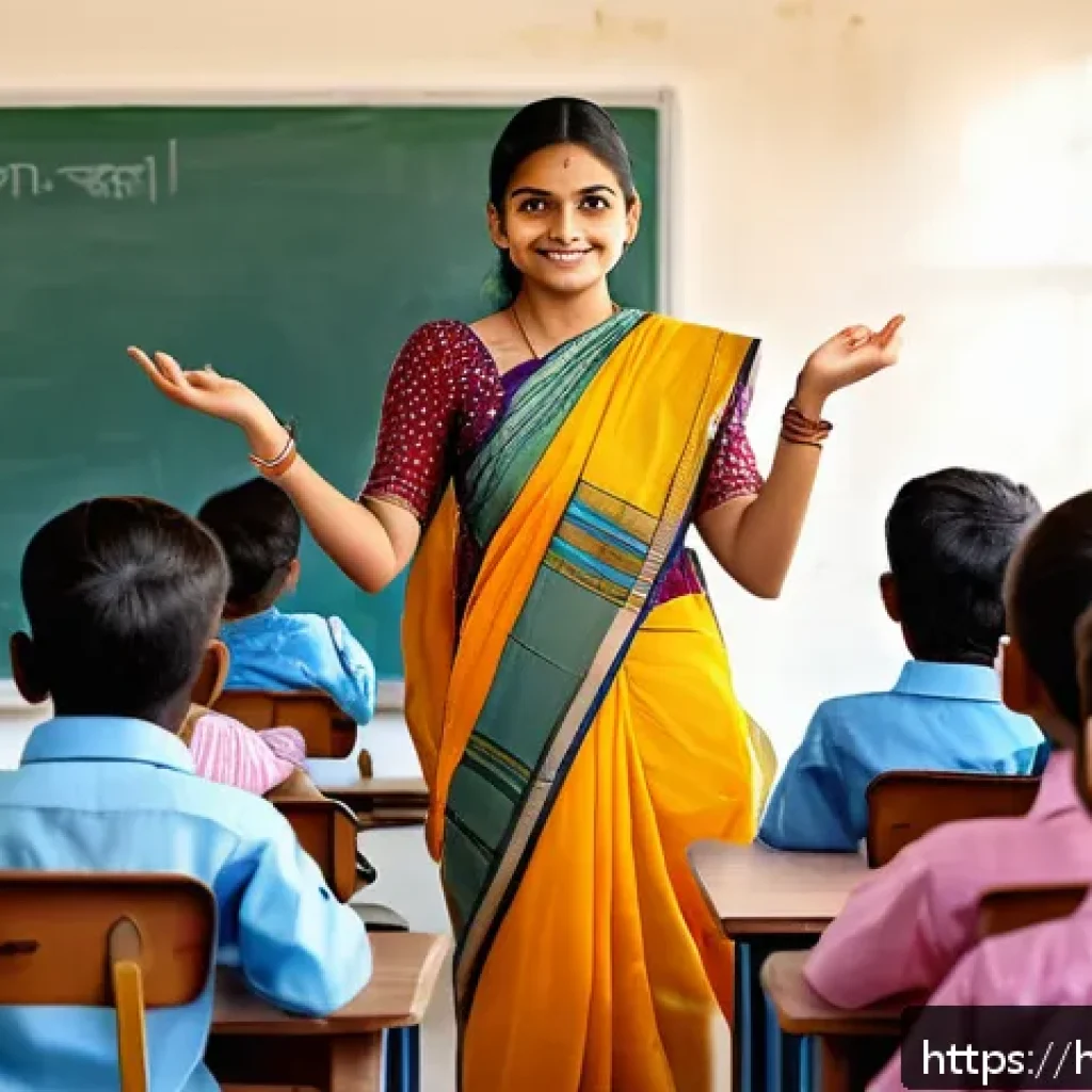 유아교육지도사 경력개발 로드맵 - A young Indian female teacher in a modern classroom, using a large digital touchscreen board to teac...