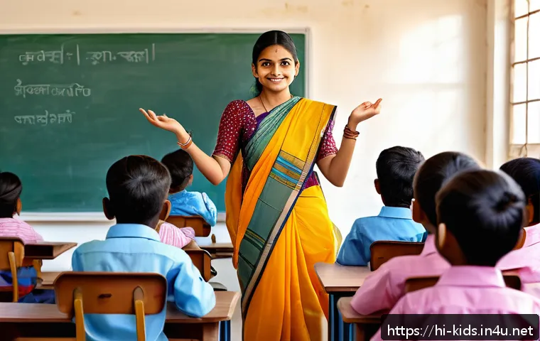 유아교육지도사 경력개발 로드맵 - A young Indian female teacher in a modern classroom, using a large digital touchscreen board to teac...