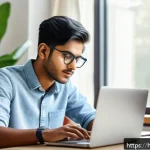 유아교육지도사 자격증 시험 대비 온라인 학습법 - A focused Indian student studying online at a tidy desk in a bright room, wearing casual clothes and...